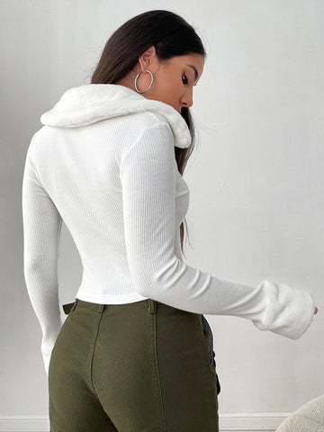 Leopard Print Panel Fleece Lapel Long Sleeve Zip Front Fitted Jacket