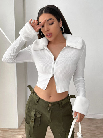 Leopard Print Panel Fleece Lapel Long Sleeve Zip Front Fitted Jacket