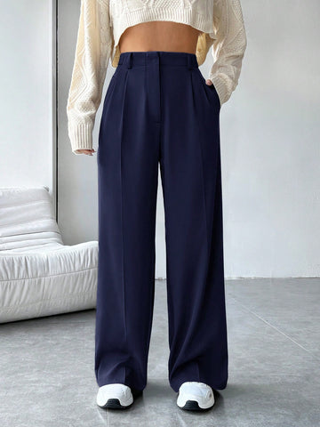 EZwear Solid High Waist Wide Leg Black Suit Pants