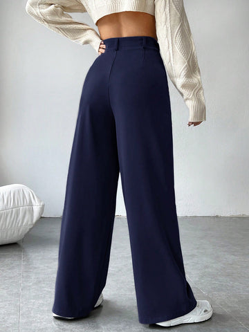 EZwear Solid High Waist Wide Leg Black Suit Pants