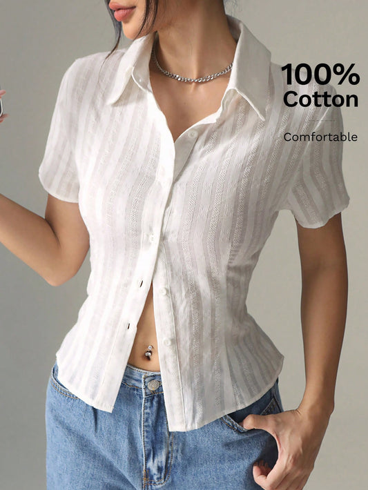 EZwear Solid Color Texture Detail Short Sleeve Fitted Shirt With Gathered Waist
