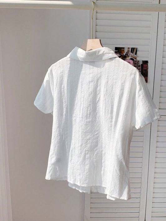 EZwear Solid Color Texture Detail Short Sleeve Fitted Shirt With Gathered Waist