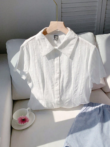 EZwear Solid Color Texture Detail Short Sleeve Fitted Shirt With Gathered Waist
