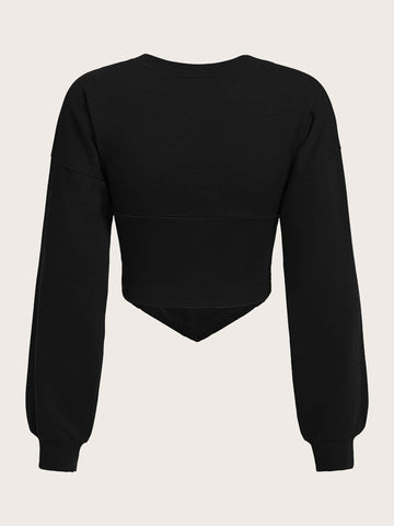 EZwear Solid Drop Shoulder Hanky Hem Crop Sweatshirt