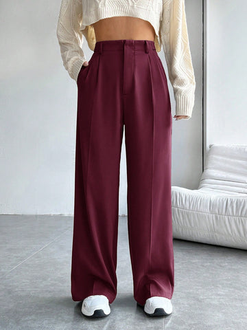 EZwear Solid High Waist Wide Leg Black Suit Pants