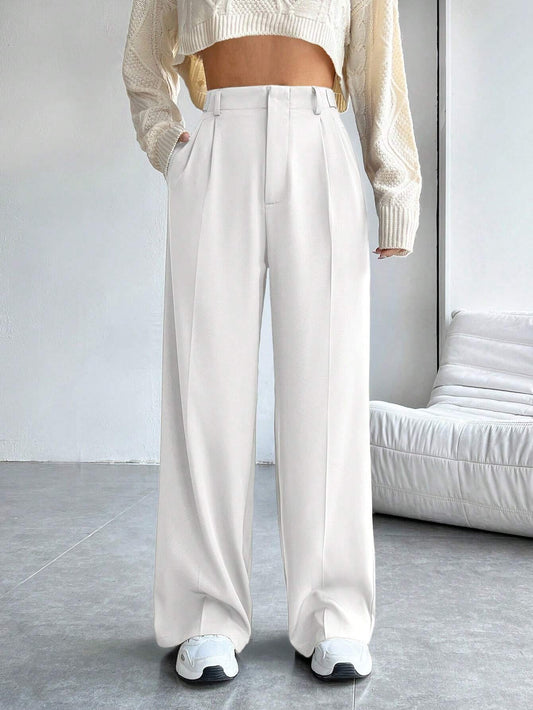 EZwear Solid High Waist Wide Leg Black Suit Pants