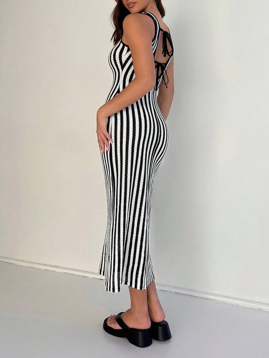 Striped Lace-Up Back Slim Fit Sleeveless Dress