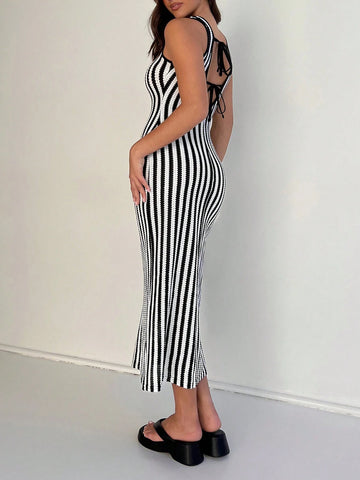 Striped Lace-Up Back Slim Fit Sleeveless Dress