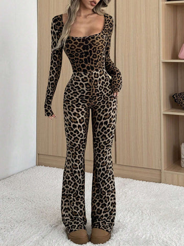 Women's Autumn Leopard Print Square Neck Long Sleeve Flared Fashion Jumpsuit
