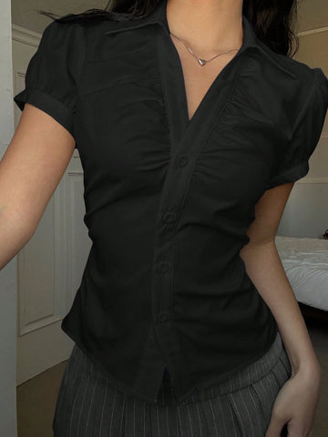 Women's Striped Short Puff Sleeve Single-Breasted Casual Shirt