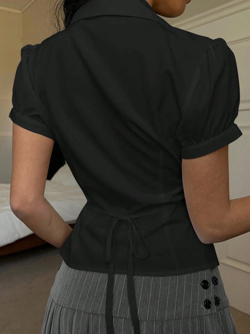 Women's Striped Short Puff Sleeve Single-Breasted Casual Shirt