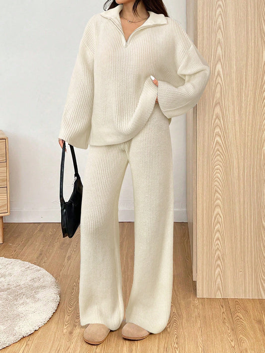 Women's Casual Black Zipper Drop Shoulder Sweater And Knitted Pants