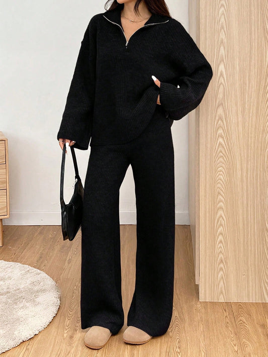 Women's Casual Black Zipper Drop Shoulder Sweater And Knitted Pants