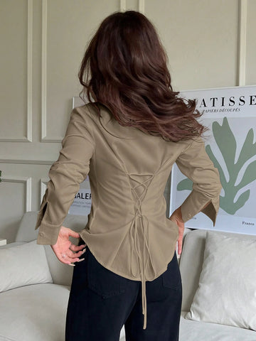 EZwear Women's Solid Color Button Front Long Sleeve Casual Blouse