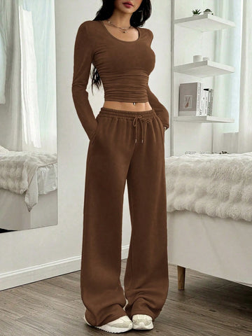 Women Casual Round Neck Long Sleeve Top And Pants Set