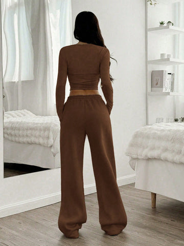 Women Casual Round Neck Long Sleeve Top And Pants Set