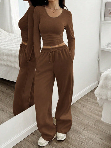 Women Casual Round Neck Long Sleeve Top And Pants Set