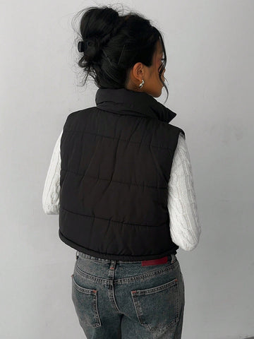 Zip Up Double Face Snap Button Corduroy Drawstring Vest Coat