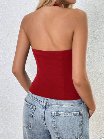 EZwear Casual Knit Solid Color Regular Fit Backless Sleeveless Tank Top