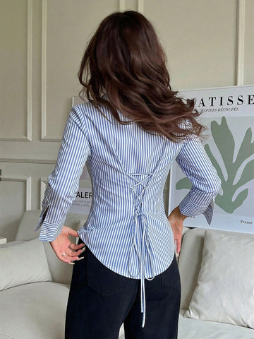 Women's Drawstring Solid Color Long Sleeve Single-Breasted Shirt