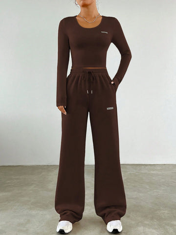 Women's Letter Print Long Sleeve T-Shirt And Sweatpants