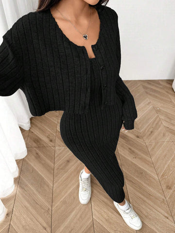 Women's New Autumn Ribbed Knit Drop Shoulder Front Button Jacket And Skinny Mid-Length Dress Set