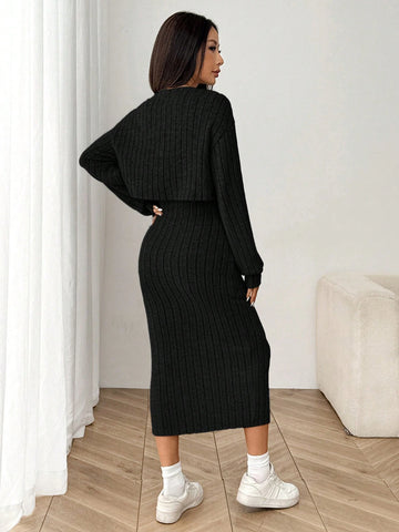 Women's New Autumn Ribbed Knit Drop Shoulder Front Button Jacket And Skinny Mid-Length Dress Set