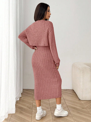 Women's New Autumn Ribbed Knit Drop Shoulder Front Button Jacket And Skinny Mid-Length Dress Set