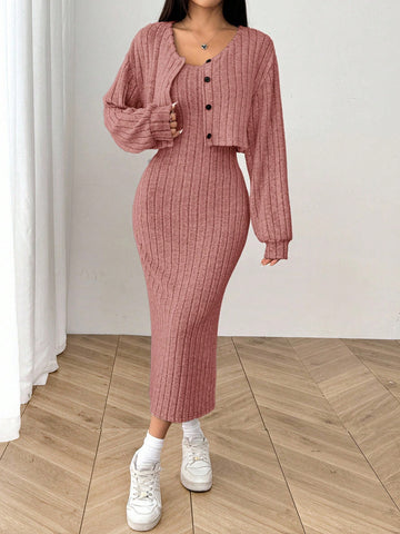 Women's New Autumn Ribbed Knit Drop Shoulder Front Button Jacket And Skinny Mid-Length Dress Set