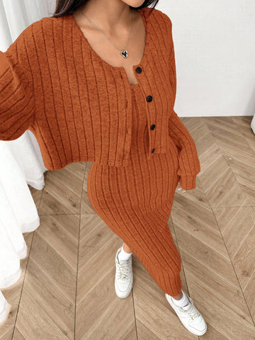 Women's New Autumn Ribbed Knit Drop Shoulder Front Button Jacket And Skinny Mid-Length Dress Set