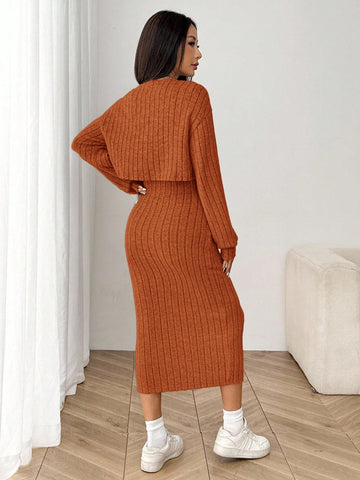 Women's New Autumn Ribbed Knit Drop Shoulder Front Button Jacket And Skinny Mid-Length Dress Set