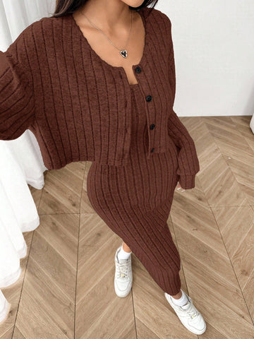 Women's New Autumn Ribbed Knit Drop Shoulder Front Button Jacket And Skinny Mid-Length Dress Set