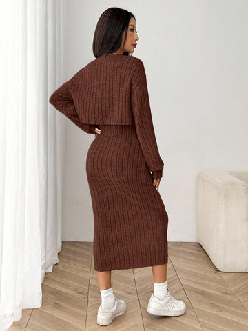 Women's New Autumn Ribbed Knit Drop Shoulder Front Button Jacket And Skinny Mid-Length Dress Set