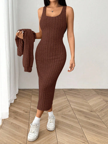 Women's New Autumn Ribbed Knit Drop Shoulder Front Button Jacket And Skinny Mid-Length Dress Set