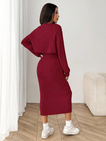 Women's New Autumn Ribbed Knit Drop Shoulder Front Button Jacket And Skinny Mid-Length Dress Set