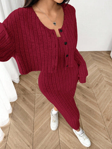Women's New Autumn Ribbed Knit Drop Shoulder Front Button Jacket And Skinny Mid-Length Dress Set
