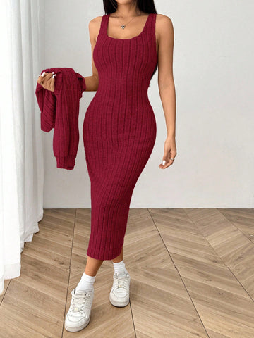 Women's New Autumn Ribbed Knit Drop Shoulder Front Button Jacket And Skinny Mid-Length Dress Set