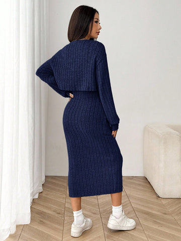 Women's New Autumn Ribbed Knit Drop Shoulder Front Button Jacket And Skinny Mid-Length Dress Set