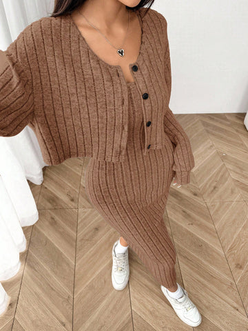 Women's New Autumn Ribbed Knit Drop Shoulder Front Button Jacket And Skinny Mid-Length Dress Set