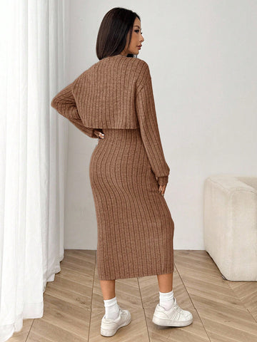 Women's New Autumn Ribbed Knit Drop Shoulder Front Button Jacket And Skinny Mid-Length Dress Set