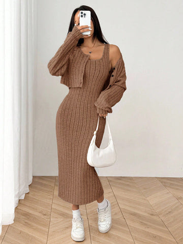 Women's New Autumn Ribbed Knit Drop Shoulder Front Button Jacket And Skinny Mid-Length Dress Set