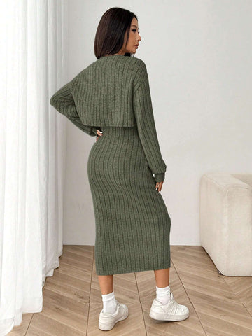 Women's New Autumn Ribbed Knit Drop Shoulder Front Button Jacket And Skinny Mid-Length Dress Set