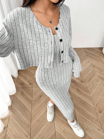 Women's New Autumn Ribbed Knit Drop Shoulder Front Button Jacket And Skinny Mid-Length Dress Set