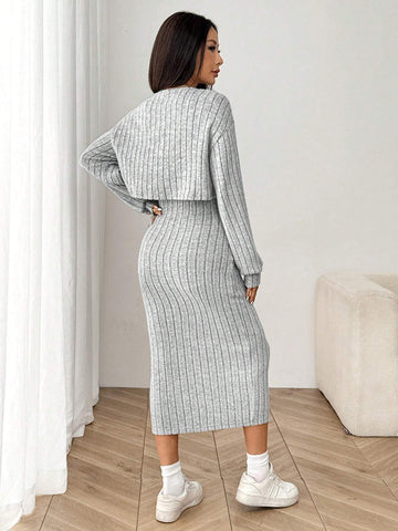 Women's New Autumn Ribbed Knit Drop Shoulder Front Button Jacket And Skinny Mid-Length Dress Set