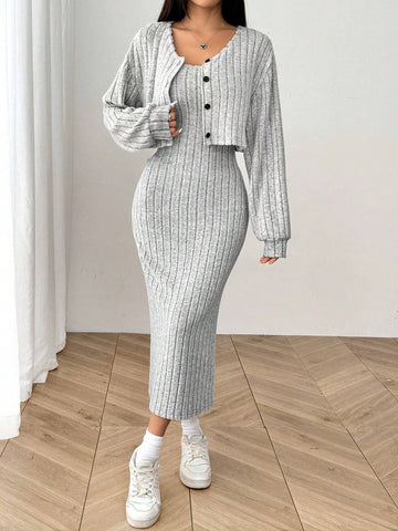 Women's New Autumn Ribbed Knit Drop Shoulder Front Button Jacket And Skinny Mid-Length Dress Set