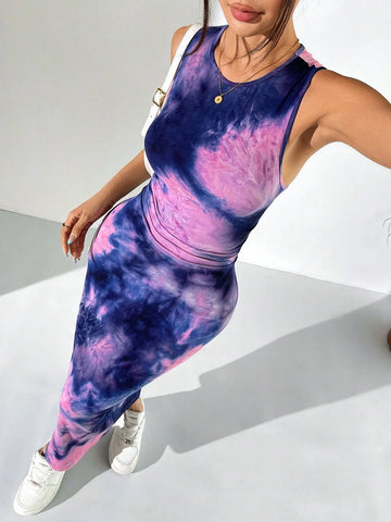 EZwear Women's Slim Summer Tie Dye Print Tank Bodycon Long Dress
