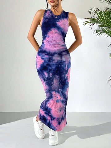 EZwear Women's Slim Summer Tie Dye Print Tank Bodycon Long Dress