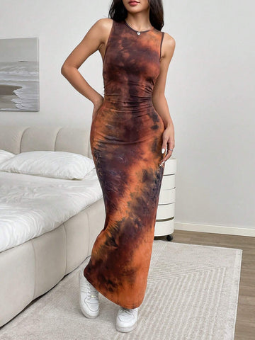EZwear Women's Slim Summer Tie Dye Print Tank Bodycon Long Dress
