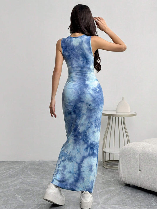 EZwear Women's Slim Summer Tie Dye Print Tank Bodycon Long Dress
