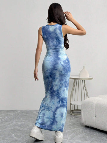 EZwear Women's Slim Summer Tie Dye Print Tank Bodycon Long Dress